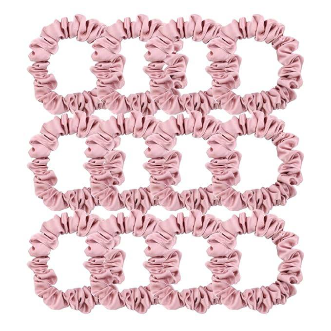 12 Pcs Skinny Satin Silk Scrunchies Hair Ties for Women Girls Bracelets Ponytail Holder Thin Hair Bands Elastic Ropes Ha