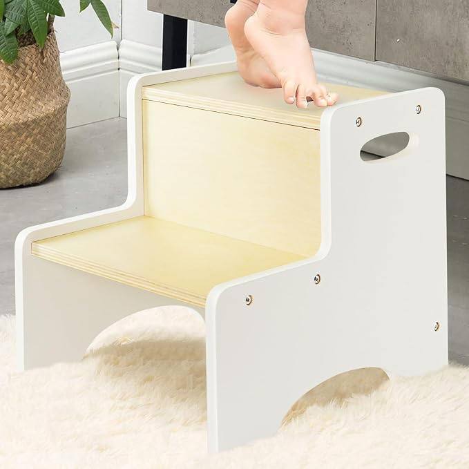 Kids Step Stool for Toddler, Wooden White-Natural Patchwork Two Step Children's Stools with Handles, Bonus Non-Slip Pads