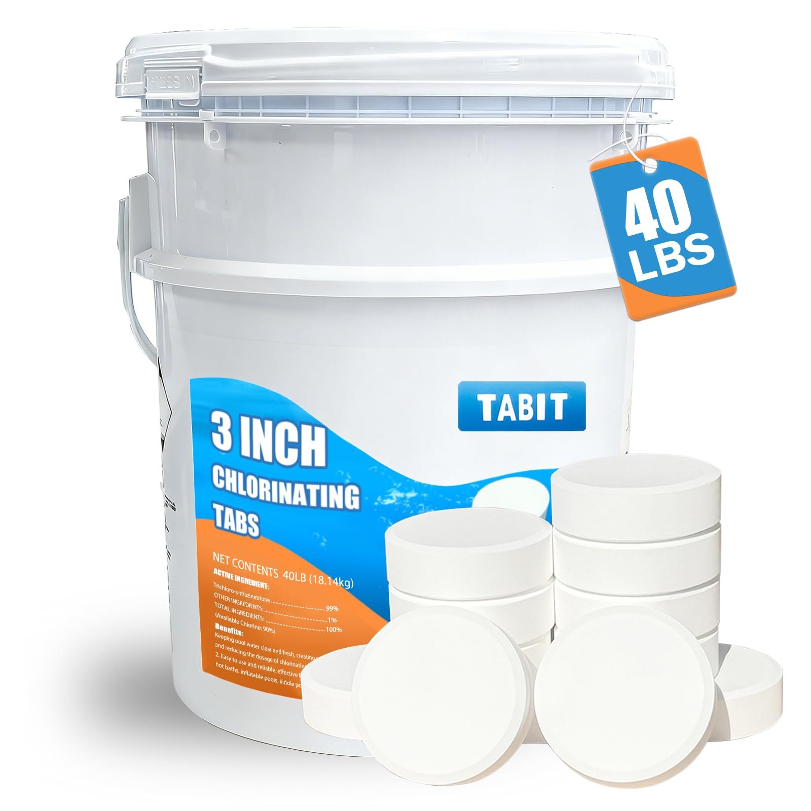Chlorine Tablets 3 inch 40 Pounds, TABIT Swimming Pool Long Lasting Chlorinating Tablets
