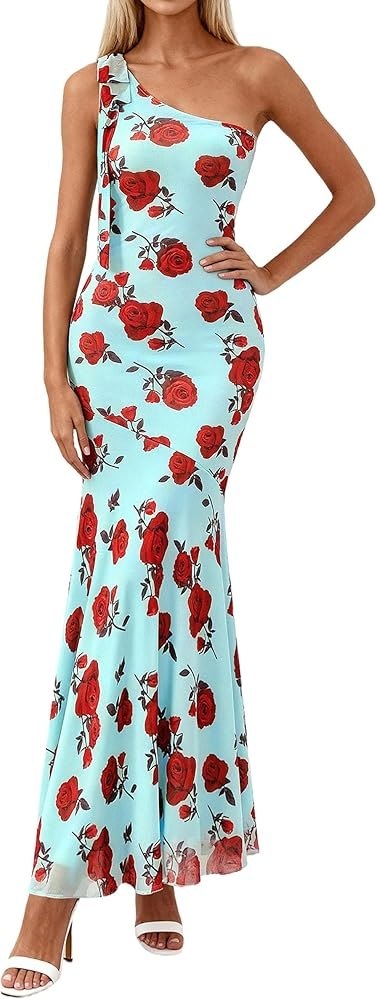 PRETTYGARDEN Womens Summer One Shoulder Maxi Dress 2026 Floral Sleeveless Bodycon Mesh Long Beach Vacation Sun Dresses