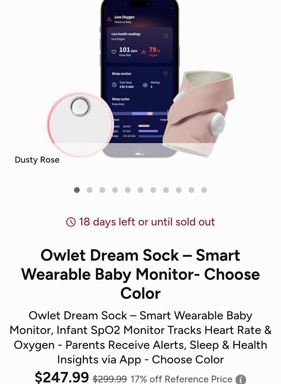 Owlet Dream Sock – Smart Wearable Baby Monitor- Choose Color