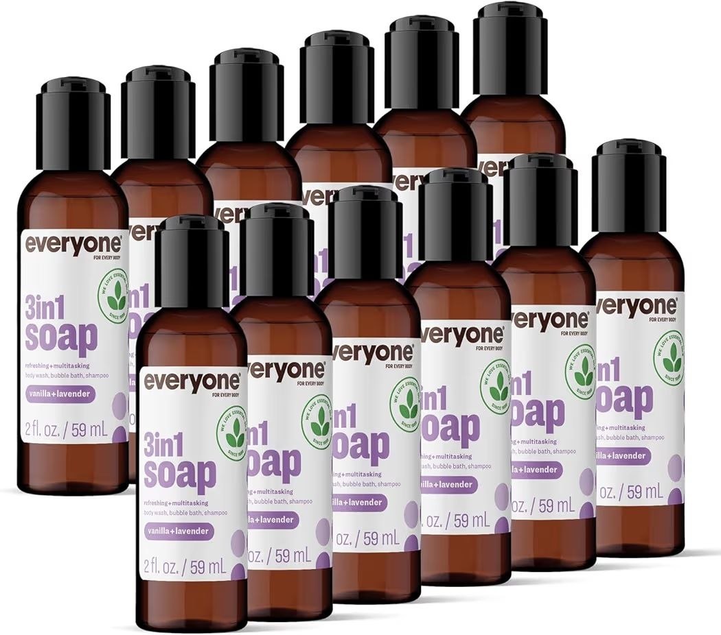 Everyone 3-in-1 Soap Body Wash, Bubble Bath, Shampoo, Travel Size, 2 Ounce (Pack of 12), Vanilla and Lavender, made with
