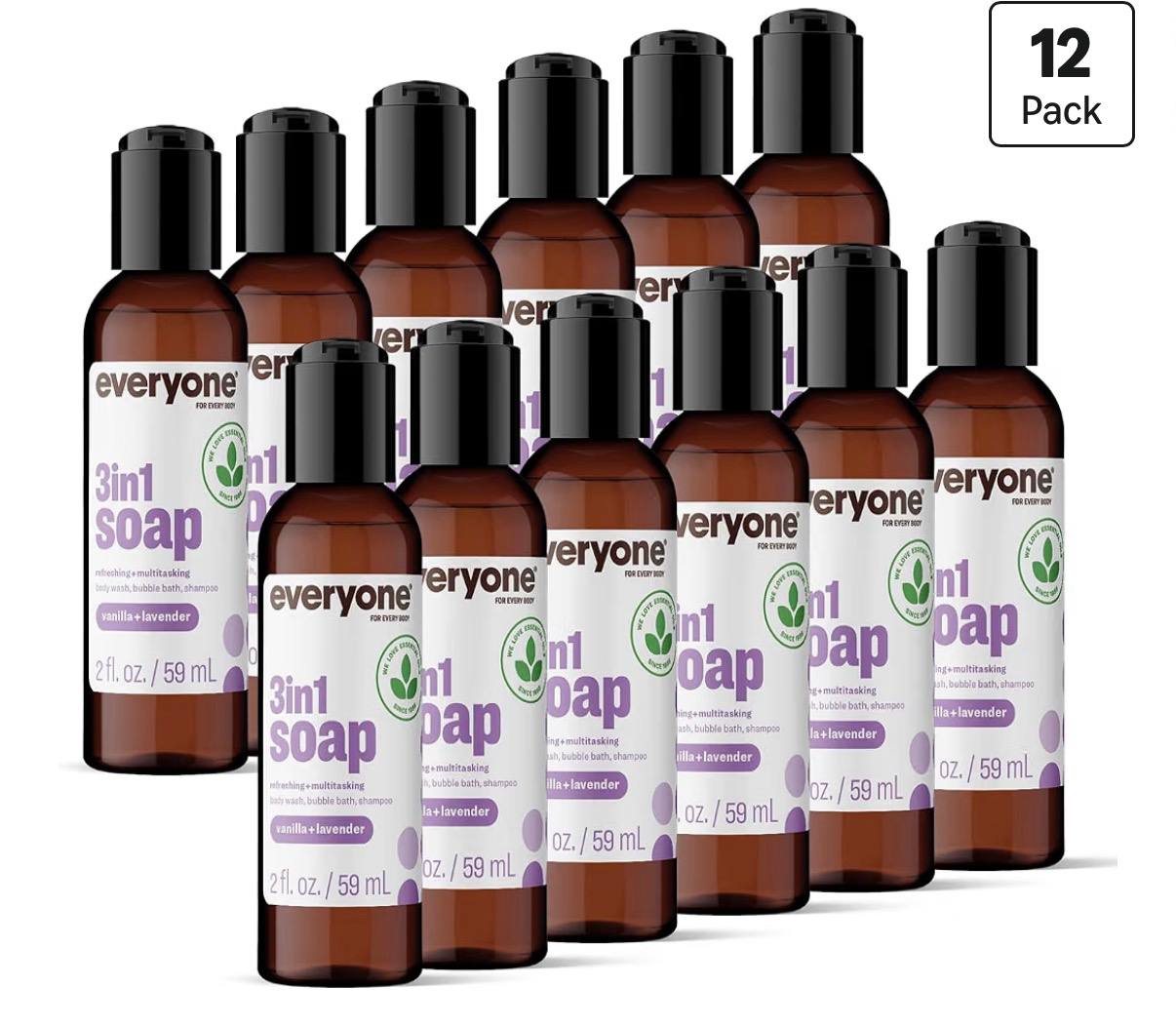 Everyone 3-in-1 Soap Body Wash, Bubble Bath, Shampoo, Travel Size, 2 Ounce (Pack of 12)