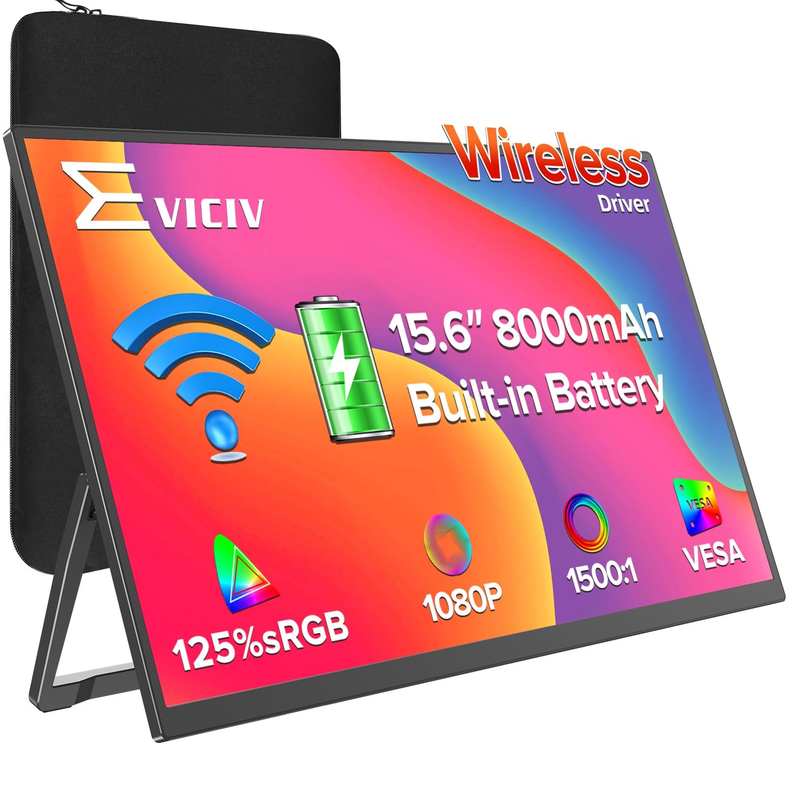 Wireless Portable Monitor with 8000mAh Battery, 15.6" Wireless Monitor
