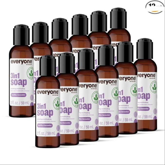 Everyone 3-in-1 Soap Body Wash, Bubble Bath, Shampoo, Travel Size, 2 Ounce (Pack of 12), Vanilla and Lavender, made with