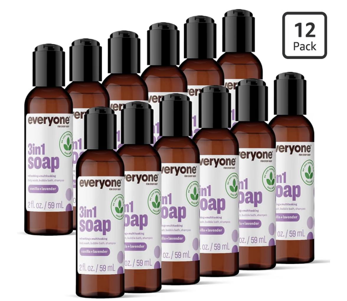 Everyone 3-in-1 Soap Body Wash, Bubble Bath, Shampoo, Travel Size, 2 Ounce (Pack of 12), Vanilla and Lavender, made with