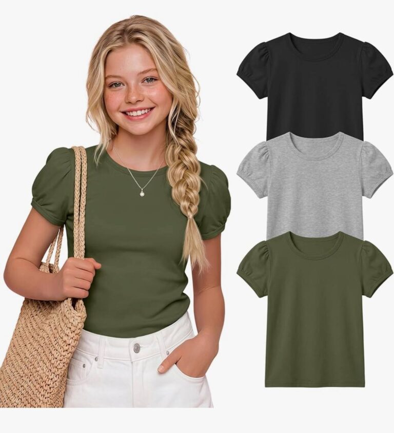 🔥 3 Pack Girls’ Puff Short Sleeve Shirts Tween Crew Neck Fitted Basic Tops Casual Cute Dressy Blouses 5-14 Years  — $10  (was $28)