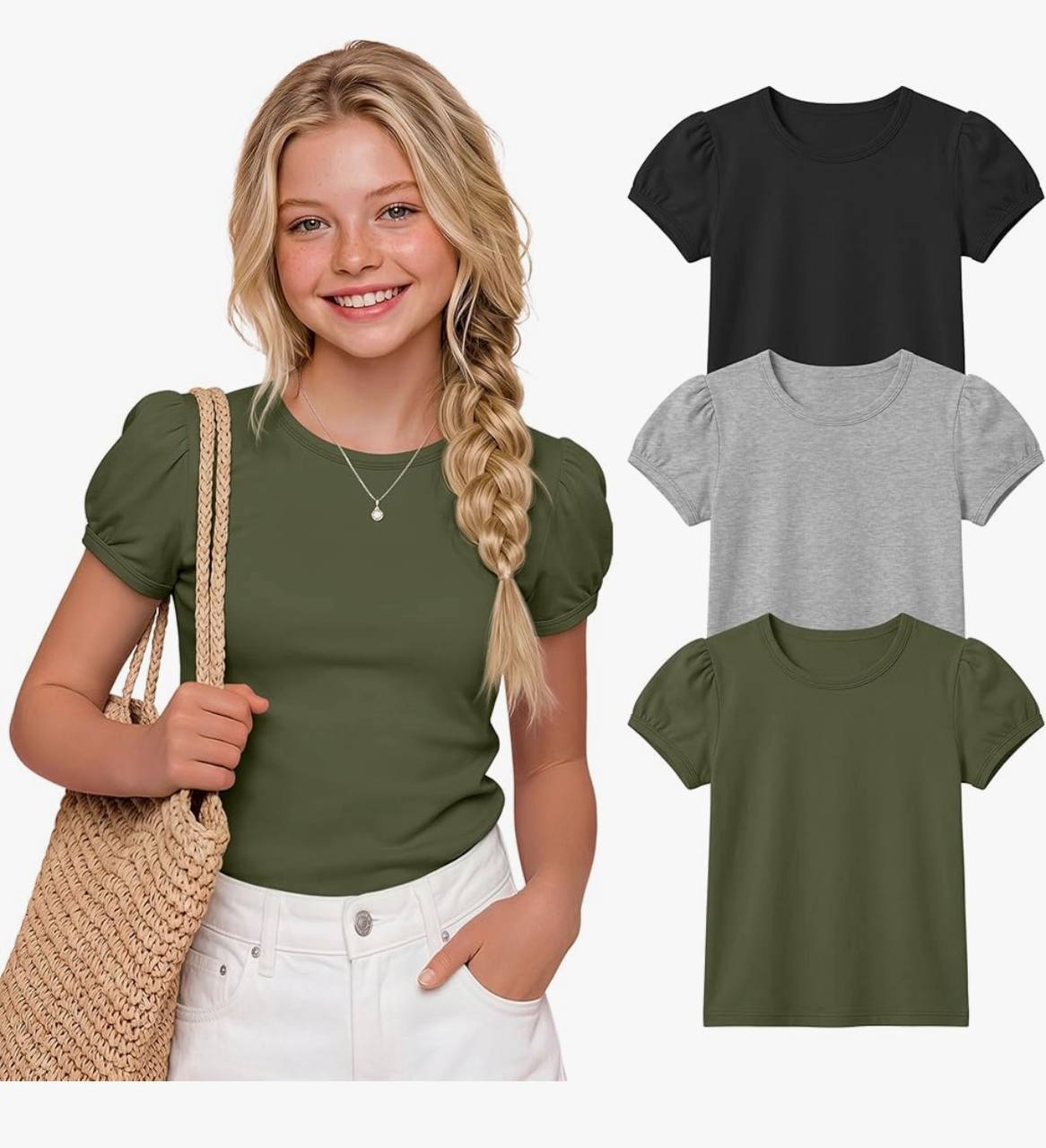 3 Pack Girls' Puff Short Sleeve Shirts Tween Crew Neck Fitted Basic Tops Casual Cute Dressy Blouses 5-14 Years