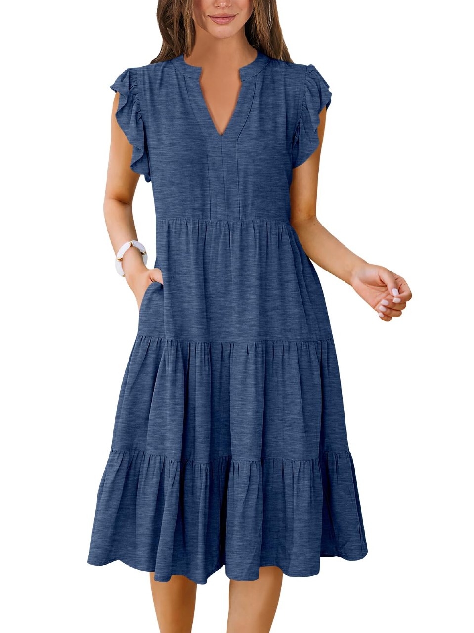 ANRABESS Womens Summer Dress Ruffle Sleeve V Neck Midi Dresses Fashion Casual Fit