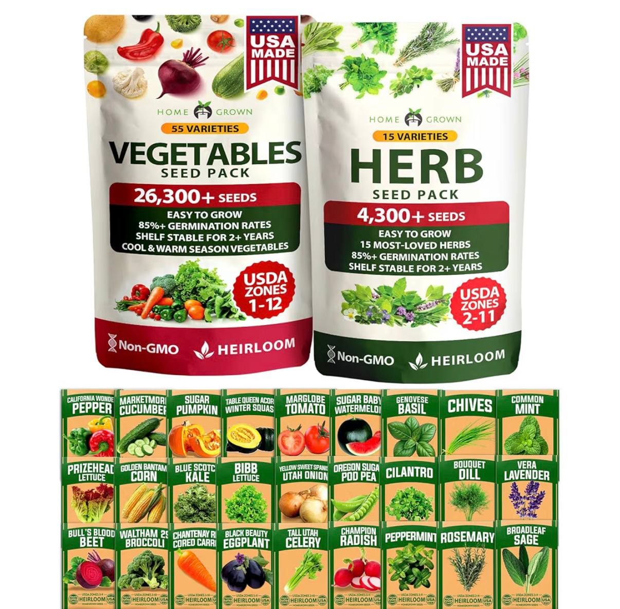HOME GROWN 70 Variety Vegetable & Herb Seeds 30,600+ USA Non-GMO Heirloom Survival Seeds Garden Kit for Spring, Fall, Wi
