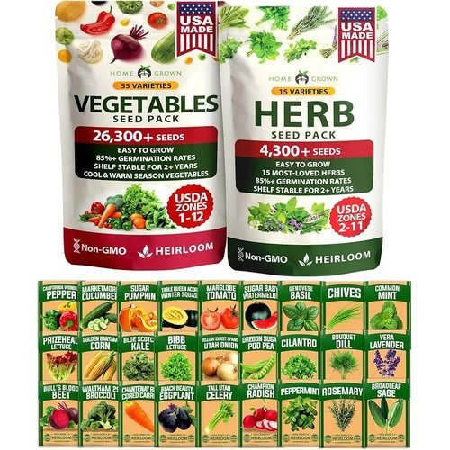 HOME GROWN 70 Variety Vegetable & Herb Seeds 30,600+ USA Non-GMO Heirloom Survival Seeds Garden Kit for Spring, Fall, Wi