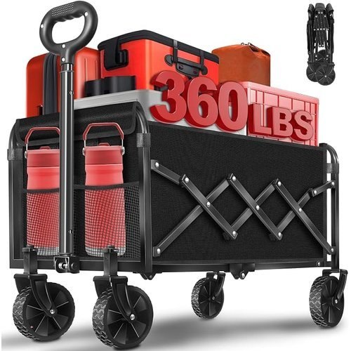 Collapsible Wagon Cart with Wheels, Compact 360 lb Folding Utility Wagon