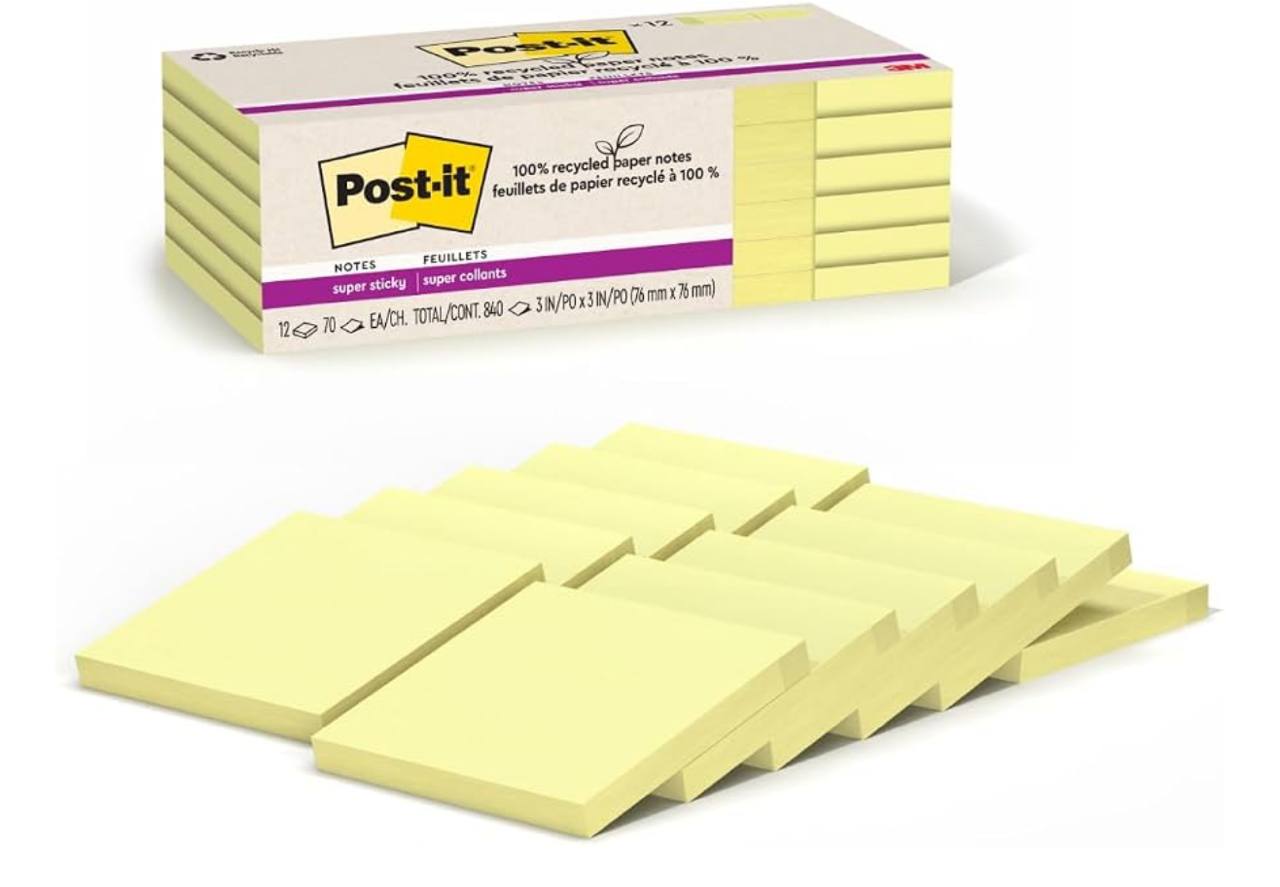 Post-it 100% Recycled Super Sticky Notes, 3 x 3 in, Canary Yellow, 12 Pads