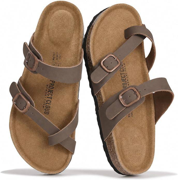 Project Cloud 100% Genuine Leather Womens Sandals -Lightweight Womens Slides Memory Foam Insole & Cork Footbed Sandals W