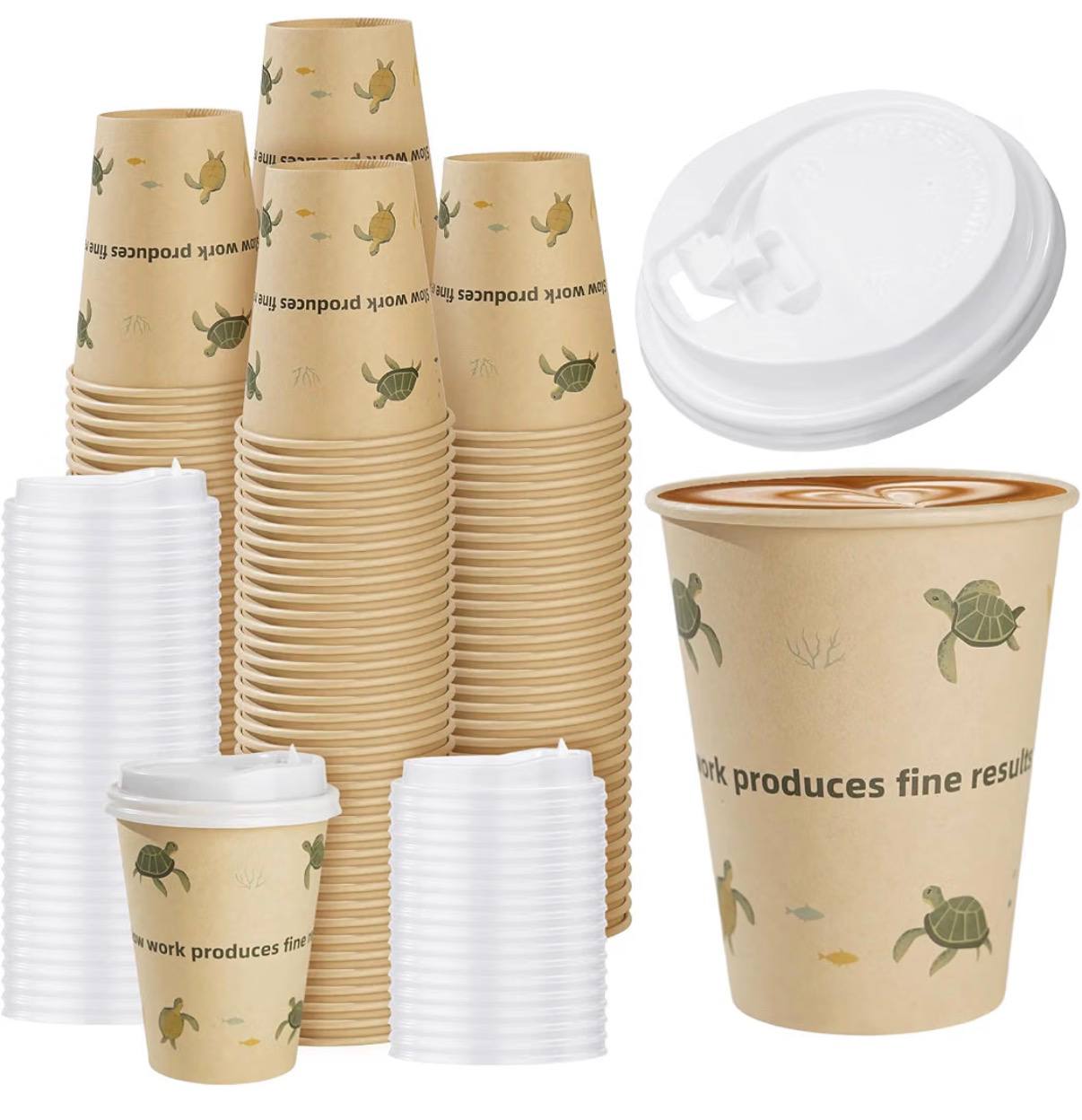 (12oz/25 Pack) Disposable Cups Paper Coffee Cups with Lids for Cold/Hot Drinks, Eco-friendly Leak-Proof (Sea Turtle)