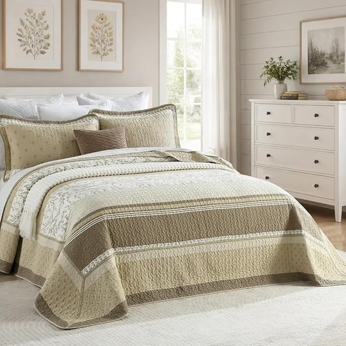 Cotton Bedspread Sets (Brown Striped)