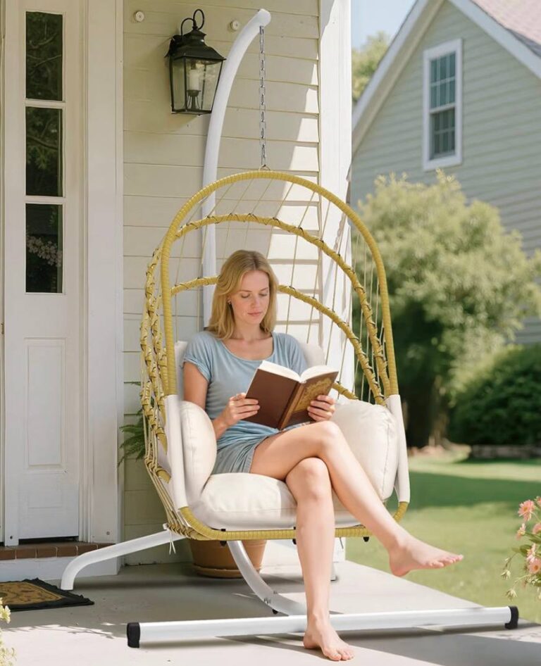 🔥 Hanging Egg Chair with Stand, Rattan Wicker Swing Egg Chair with Cushion, 370lbs Capacity  — $119  (was $159)