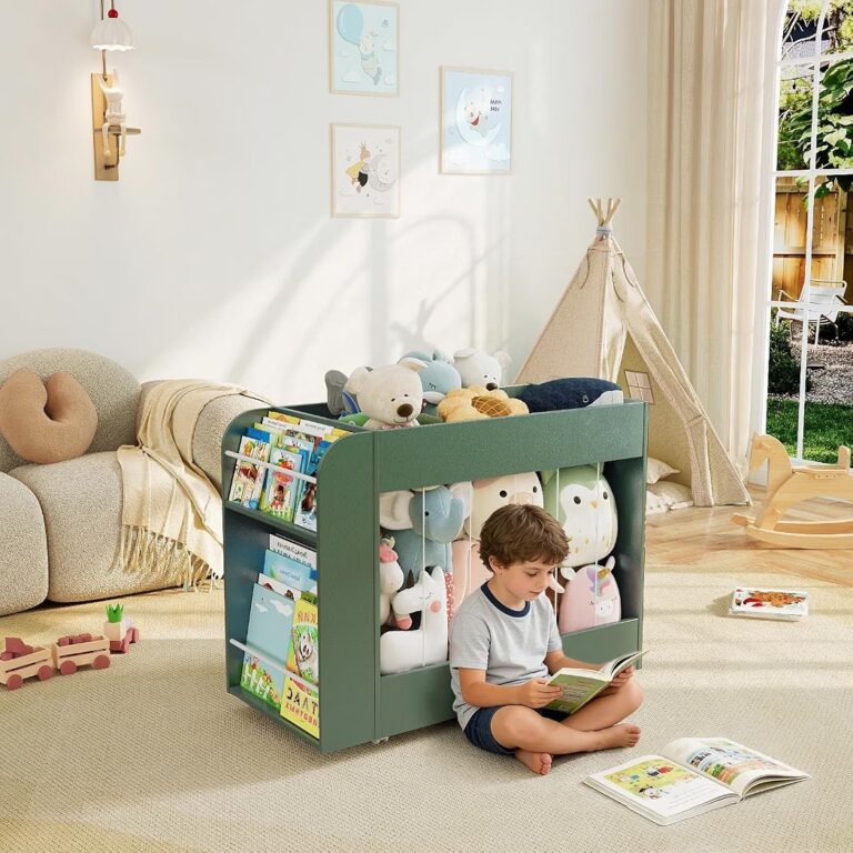 🔥 Wooden Kids Bookshelf and Toy Storage Organizer with Side Drawing Chalkboard, 3-in-1 Mobile Stuffed Animal Storage Zoo,   — $34  (was $69)