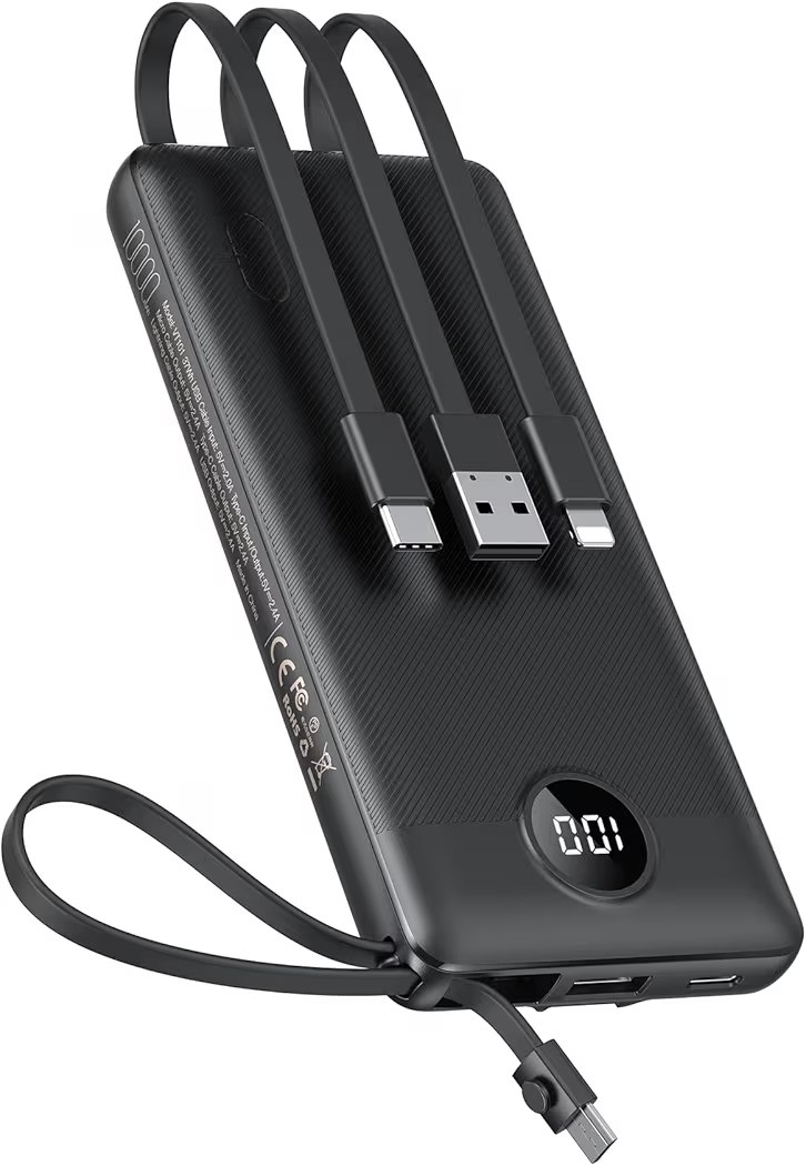 VEEKTOMX Portable Charger with 4 Built-in Cables — 10000mAh Slim Power Bank, USB-C Battery Pack with iPhone & Micro USB,