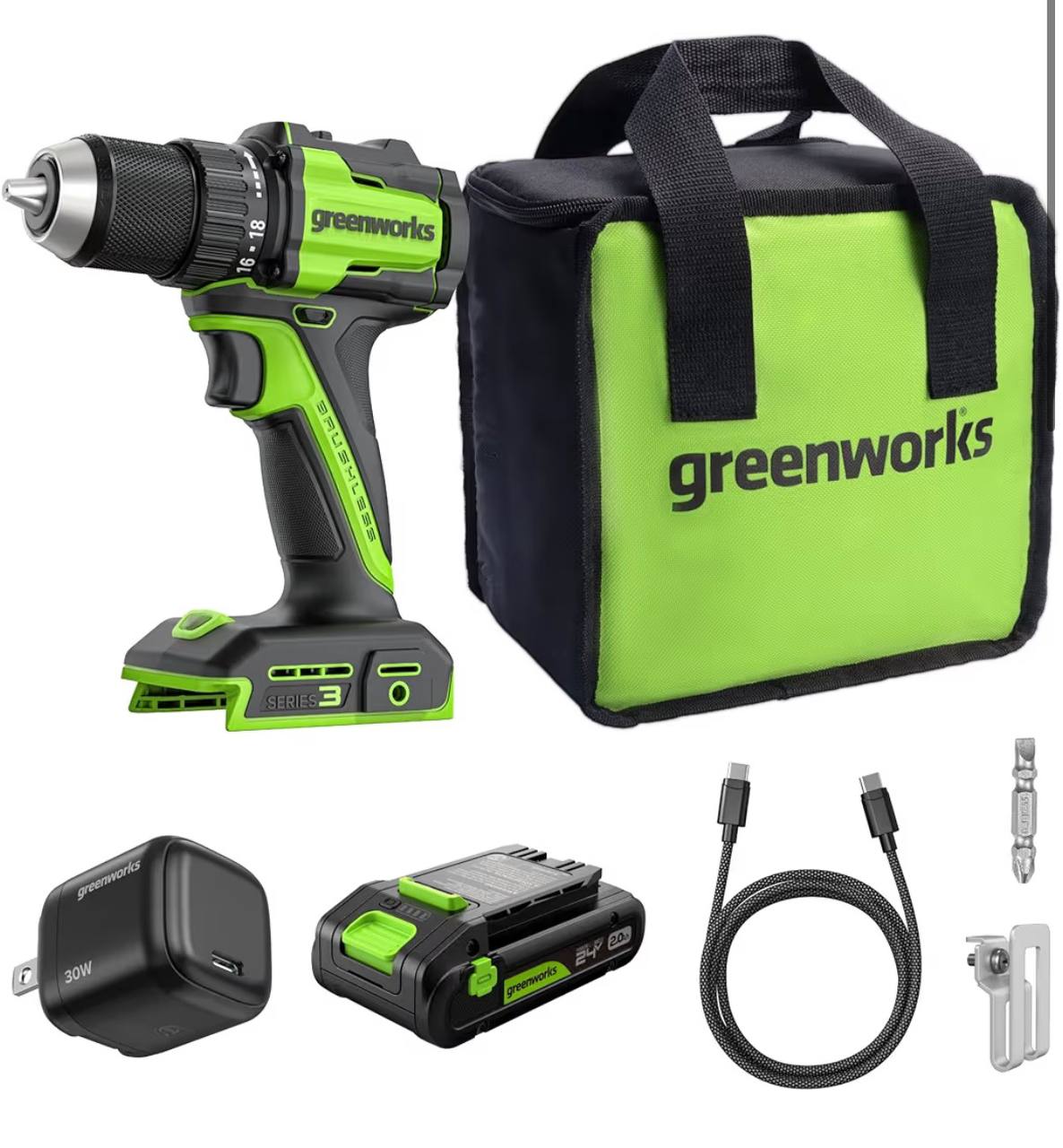 GREENWORKS 24V 1/2" Brushless Cordless Drill (400 In-lbs.), 2.0Ah (12,000mAh Power Bank) USB-C Batteries, 3.3 FT Braided