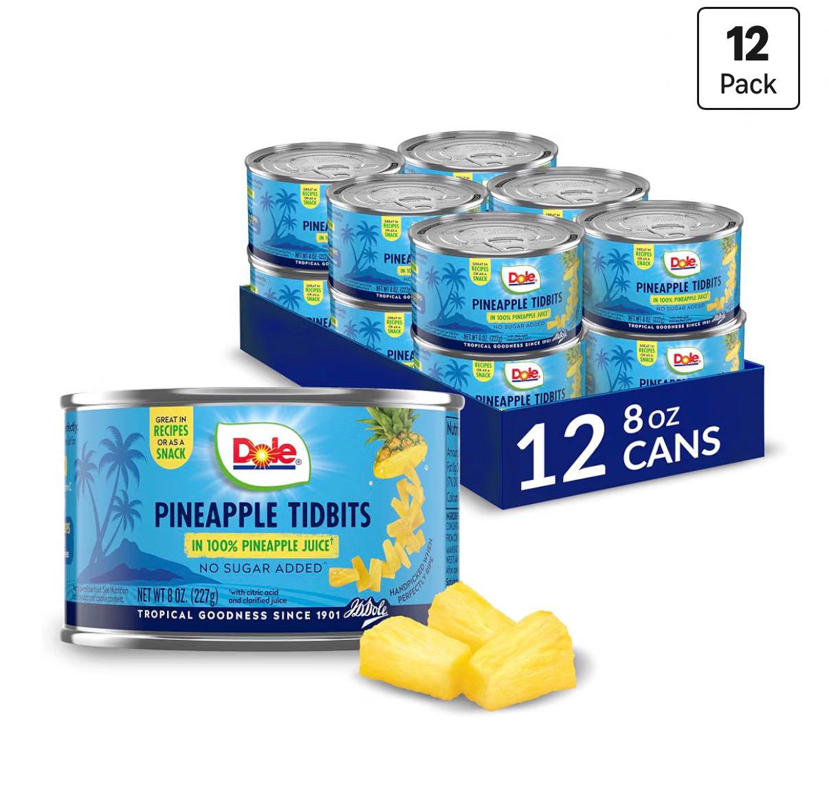 Dole Pineapple Tidbits in 100% Pineapple Juice with No Sugar Added - Dole Canned Fruit - 8 oz Cans - 12 Pack