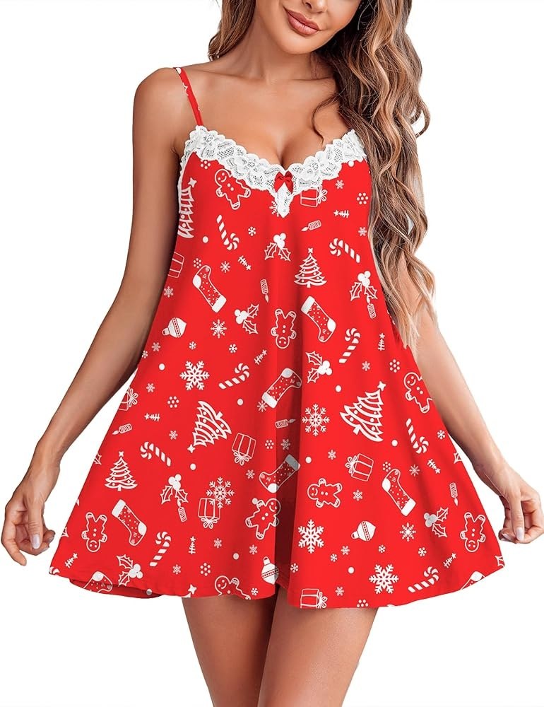 Ekouaer Women Lace Nightgown Sexy Spaghetti Strap Cami Sleeveless Chemise Sleepwear Sleep Dress