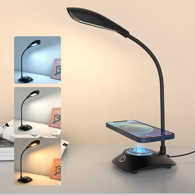 Desk Lamp for Home Office Compatible with MagSafe Wireless Fast Charging, Dimmable 3 Color Modes, 600LM, CRI 85, Adjusta