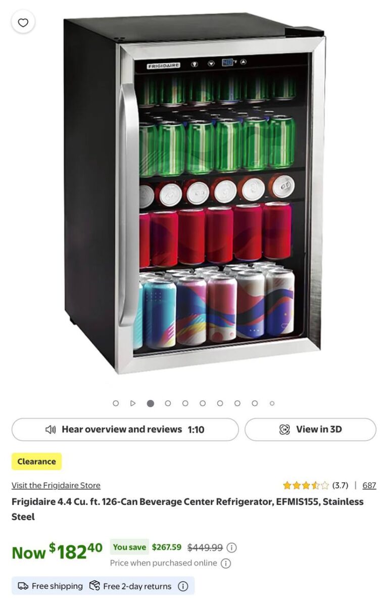 🔥 Frigidaire 4.4 Cu. ft. 126-Can Beverage Center Refrigerator, EFMIS155, Stainless Steel  — $182.40  (was $449)