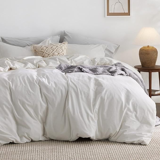 Bedsure 100% Washed Cotton Duvet Cover Queen Size - Natural White Minimalist Cotton Duvet Cover Linen Like for All Seaso