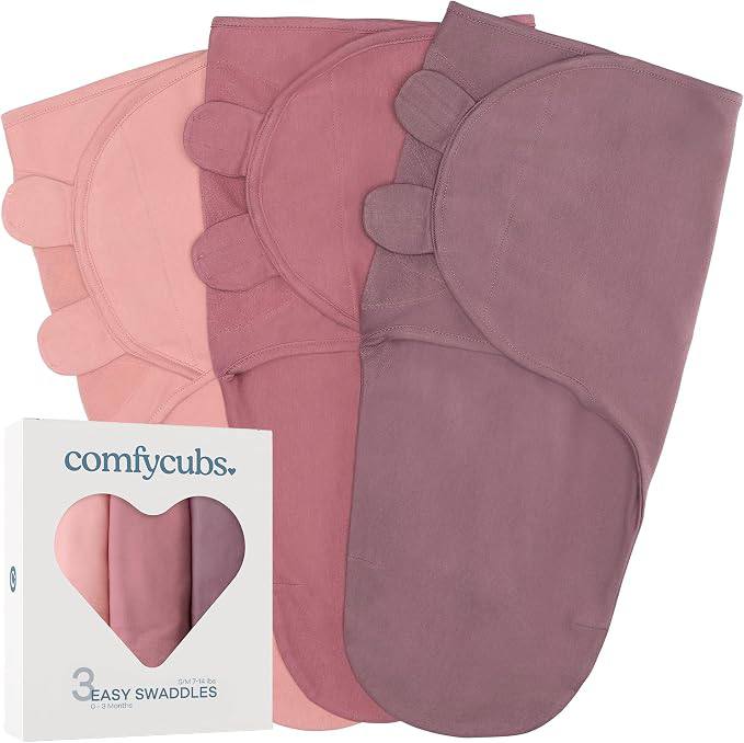 Comfy Cubs Easy Swaddle Blanket, 3 Pack - 100% Cotton Newborn Wrap, Small for 0-3 Months Infants, Breathable and Durable