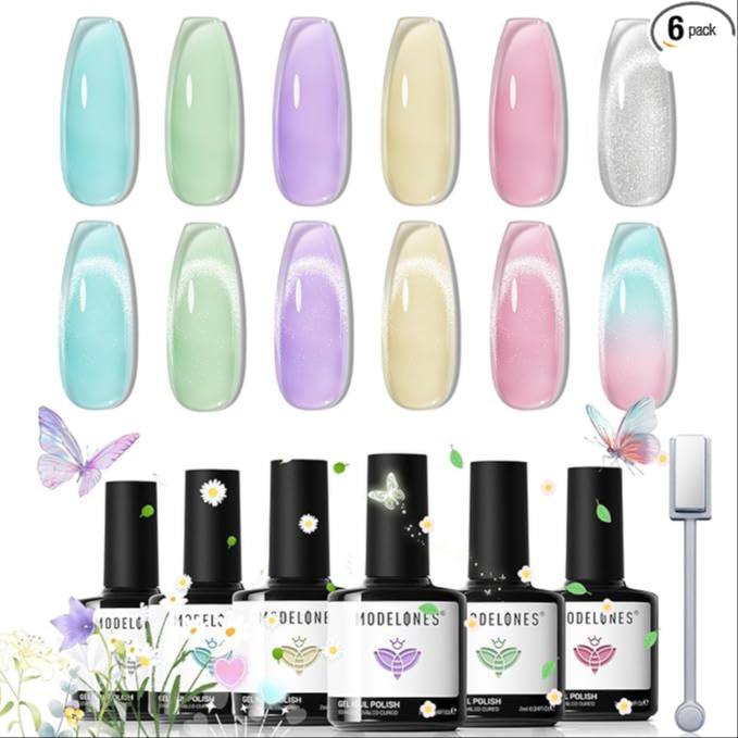 modelones Gel Nail Polish Set, 6 Colors 2026 Spring Summer Silver Cat Eye Gel Polish Translucent Pastel Sheer Pink Yello