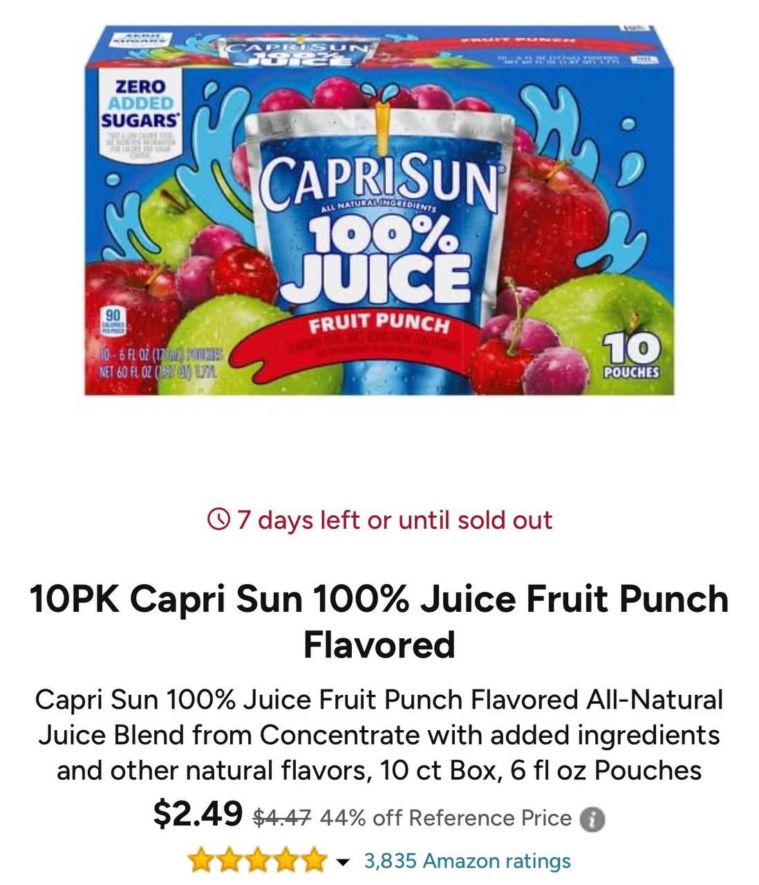 10PK Capri Sun 100% Juice Fruit Punch Flavored