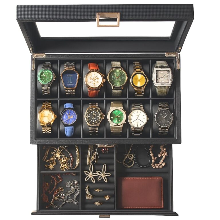 🔥 12-Slot Watch Box in PU Leather with Valet Drawer, 2-Tier