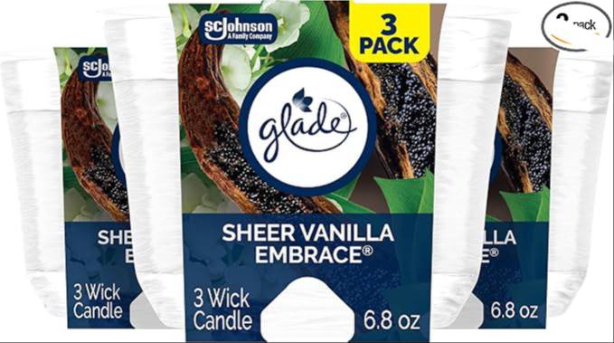 🔥 Glade Sheer Vanilla Embrace, Fragrance Candle Infused with Essential Oils, Air Freshener, 3-Wick Candle, 6.8 Oz, 3 Count  — $9  (was $18)