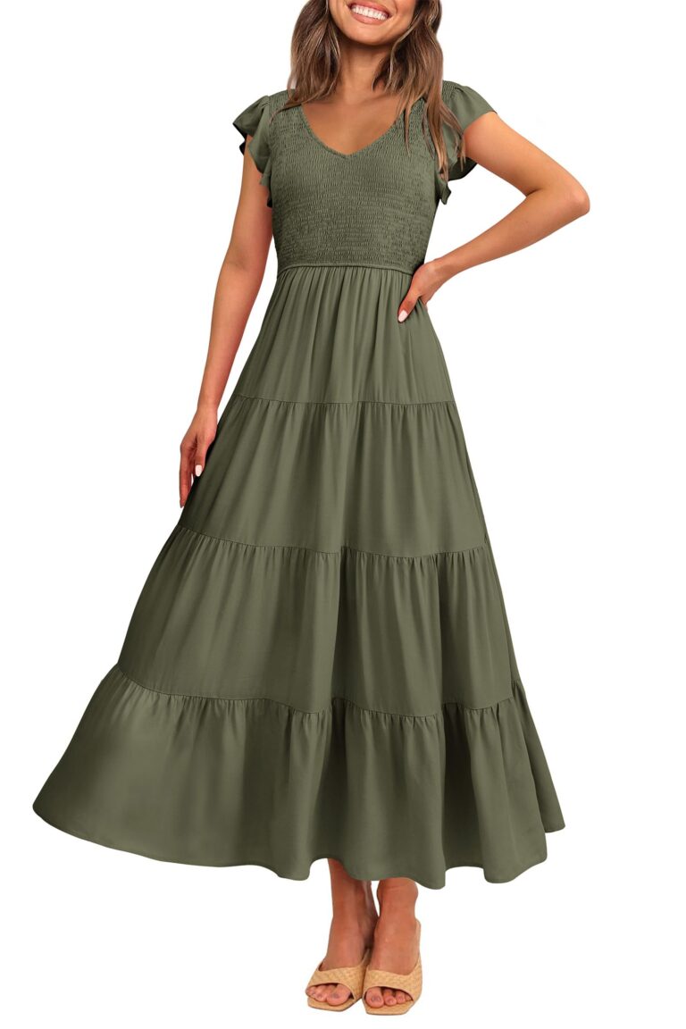 🔥 PRETTYGARDEN Women’s Summer Flowy Maxi Dress Casual Cap Sleeve V Neck Smocked Beach  — $25.56  (was $49.99)