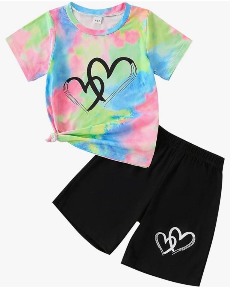 🔥 Kids Girl Clothes Tie Dye Heart Print Short Sleeve Top and Shorts Toddler Girl Summer Outfits Short Set  — $7  (was $16)