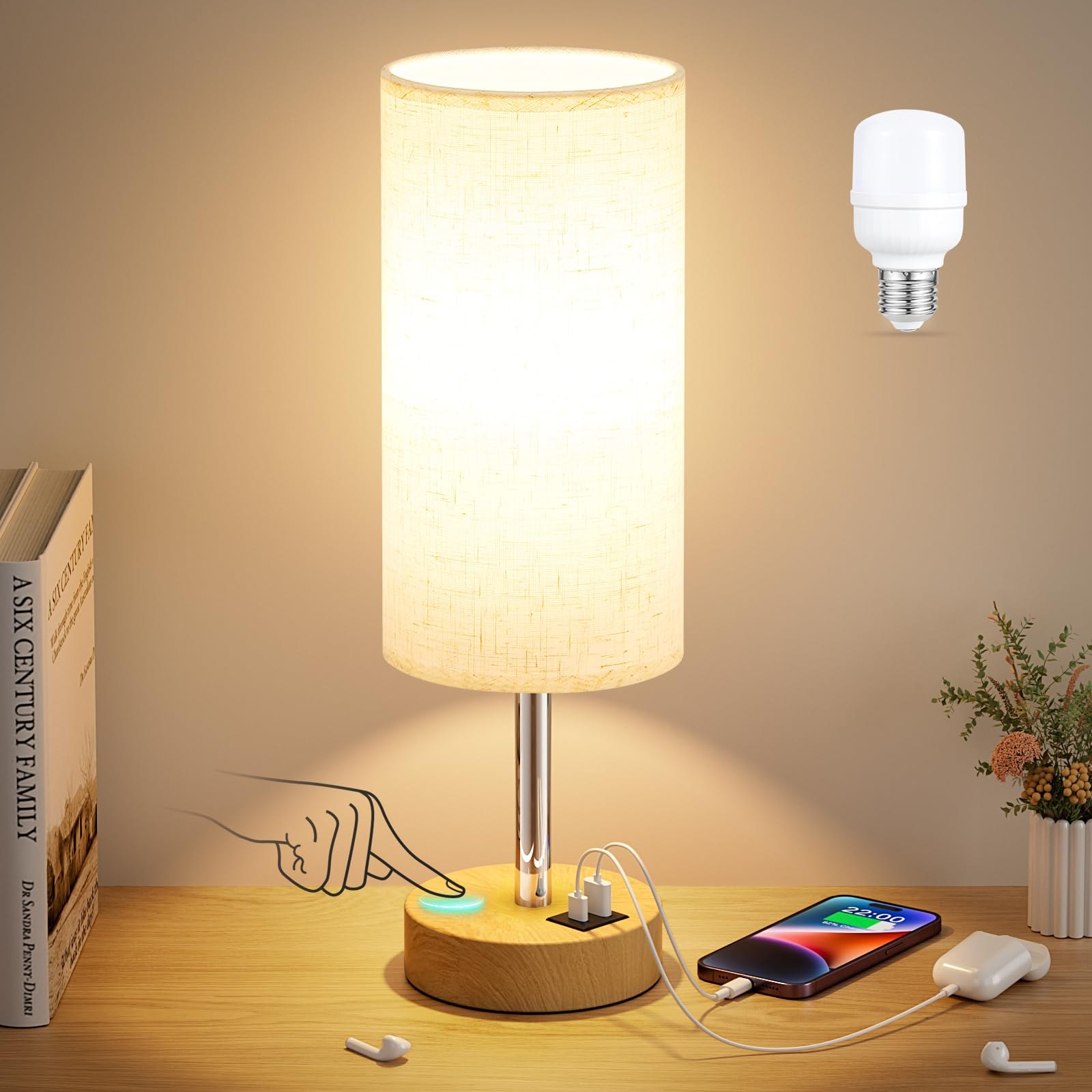 Dicoool Bedside Table Lamp for Bedroom - 3-Way Dimmable Touch Lamp