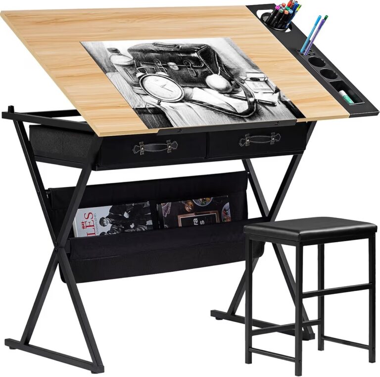 🔥 VECELO Drafting Table Art Desk Art Table Adjustable Drawing Table Tilted Tabletop with 2 Storage Drawers and Stool, Draw  — $79  (was $124)