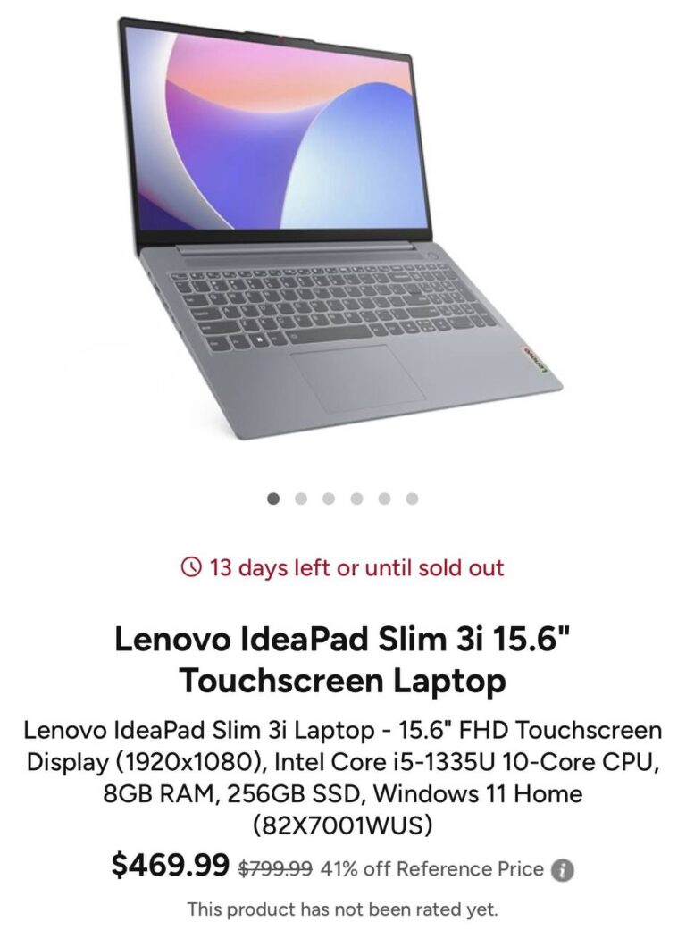 🔥 Lenovo IdeaPad Slim 3i 15.6″ Touchscreen Laptop  — $469.99