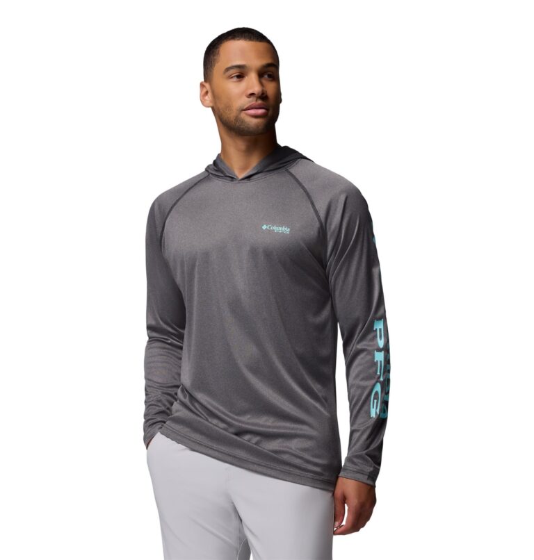 🔥 Columbia Mens PFG Terminal Tackle Long Sleeve Fishing Hoodie, Black Heather/Gulf Stream Logo  — $30.19  (was $45.00)