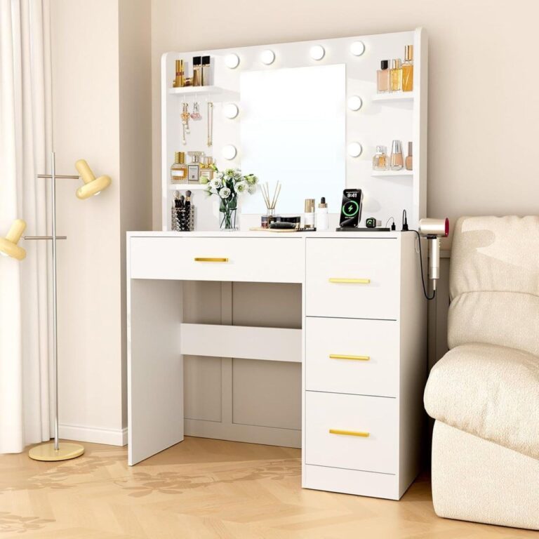 🔥 Lighted Vanity Desk with Mirror and Power Outlet