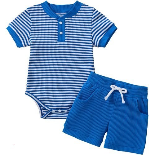 🔥 Baby Boy Clothes Ribbed Short Sleeve Striped Romper Top Solid Shorts with  — $7.99  (was $14.99)