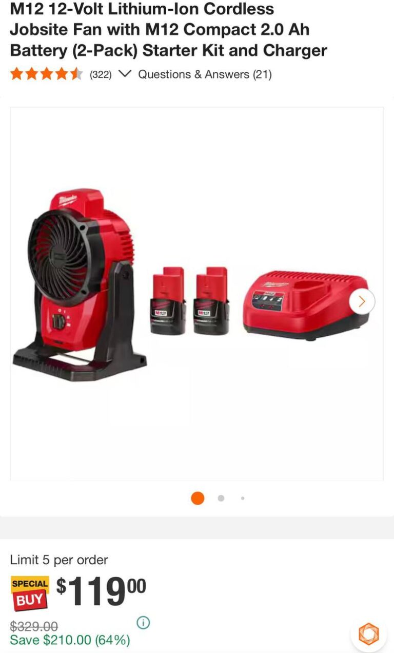🔥 Milwaukee M12 12-Volt Lithium-Ion Cordless Jobsite Fan with M12 Compact 2.0 Ah Battery (2-Pack) Starter Kit and Charger  — $119  (was $329)