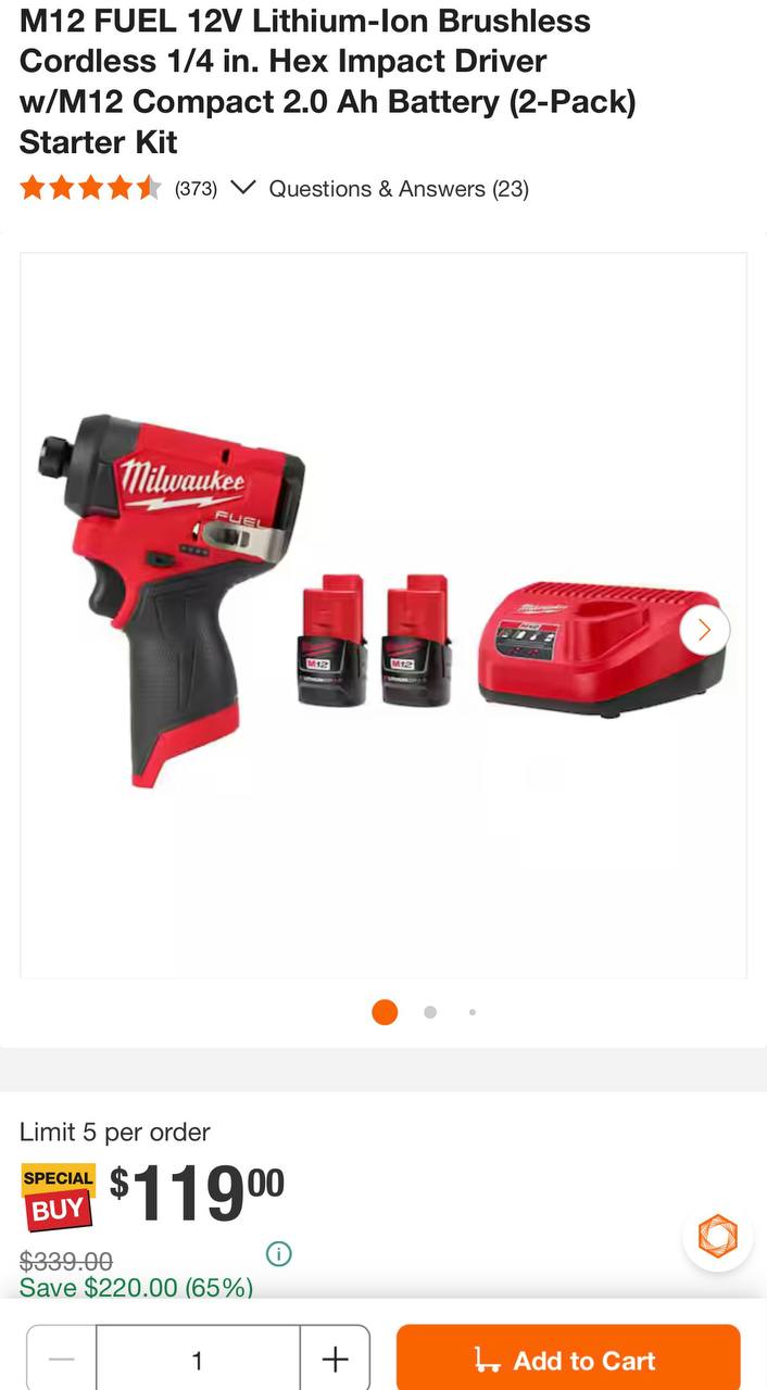🔥 Milwaukee M12 FUEL 12V Lithium-Ion Brushless Cordless 1/4 in. Hex Impact Driver w/M12 Compact 2.0 Ah Battery (2-Pack) St  — $119  (was $329)