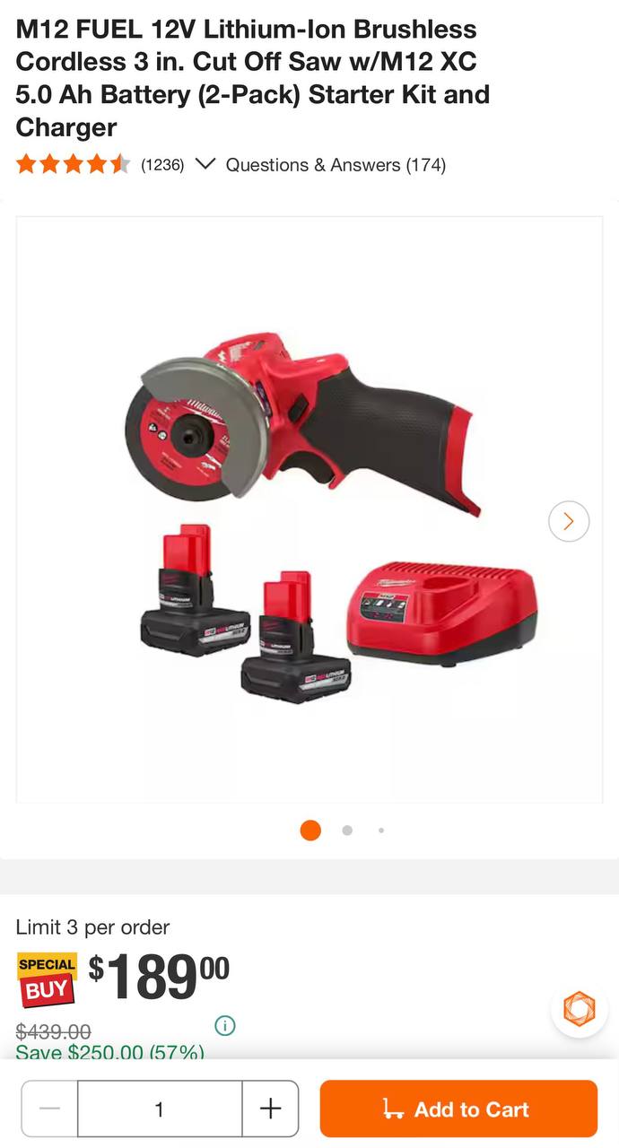 🔥 Milwaukee M12 FUEL 12V Lithium-Ion Brushless Cordless 3 in. Cut Off Saw w/M12 XC 5.0 Ah Battery (2-Pack) Starter Kit and  — $189  (was $439)