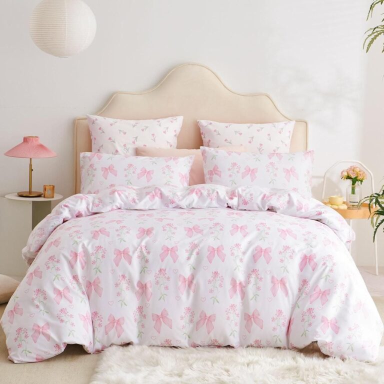 🔥 Floral Duvet Cover Queen Pink Bow Bedding Set