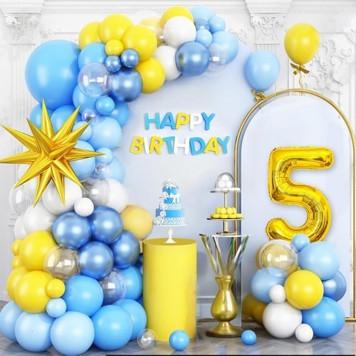 🔥 Yellow Blue 5th Birthday Balloons Arch, Baby Blue Clear White Balloons  — $1.49  (was $2.99)