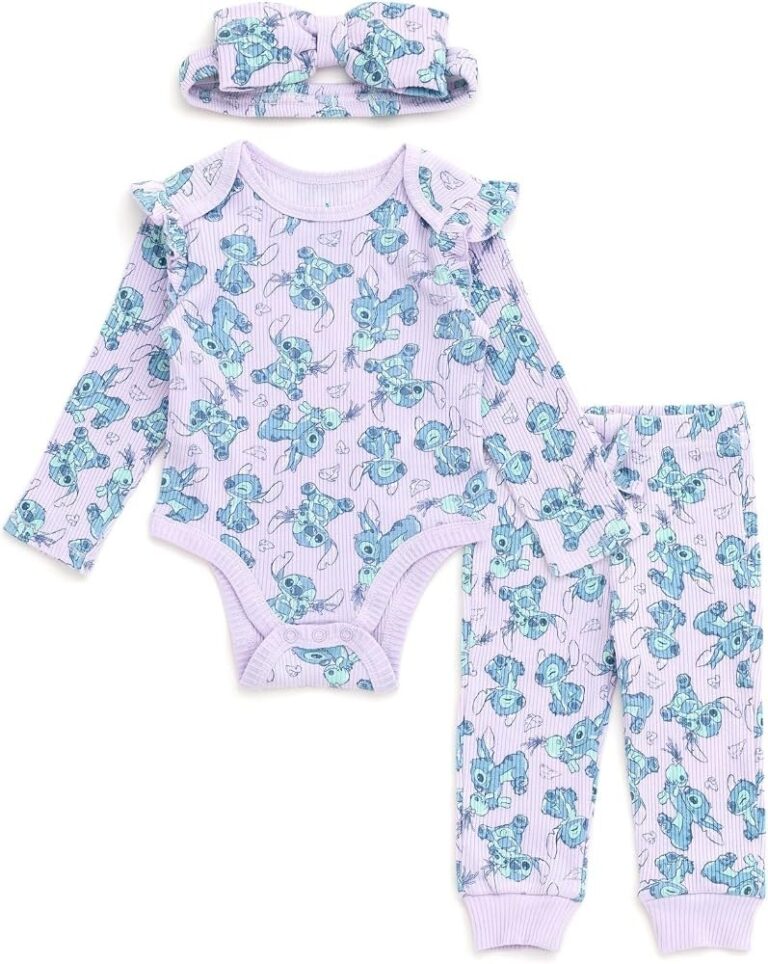 🔥 Disney Baby Girls Ribbed Bodysuit, Jogger Pants & Headband 3 Piece Outfit Set Newborn to Infant Sizes (Newborn – 24 Mont  — $7  (was $24)