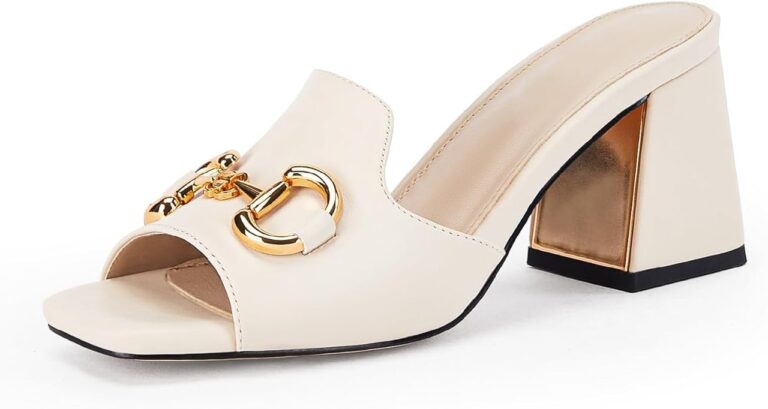 🔥 gihubafuil Women’s Sandals Peep Toe Slides Chunky Heel Mules Single Band Comfort Slip-on Shoes with Metal Chain for Spri