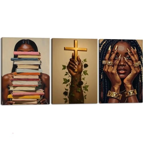 Pormipone Her Canvas Black Women 3Panel Framed Canvas Wall Art 16x24